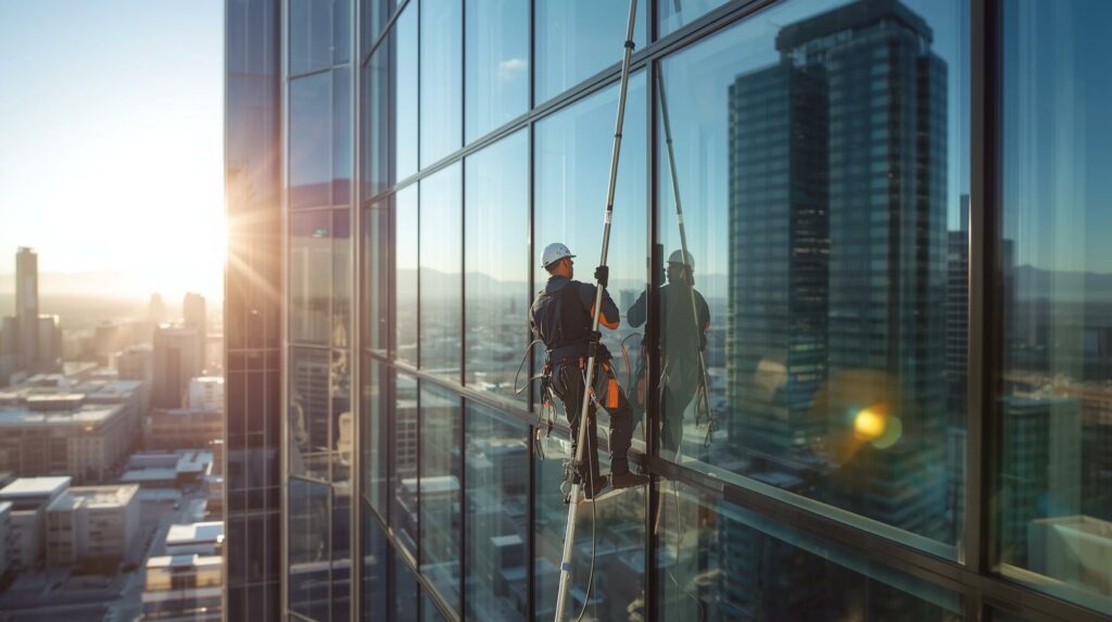 VCleaner washing tall office windows in downtown Phoenix using a water-fed pole system.