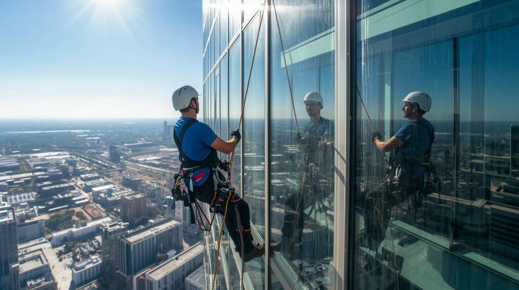 Rope-access high-rise window cleaners washing skyscraper glass in Phoenix.