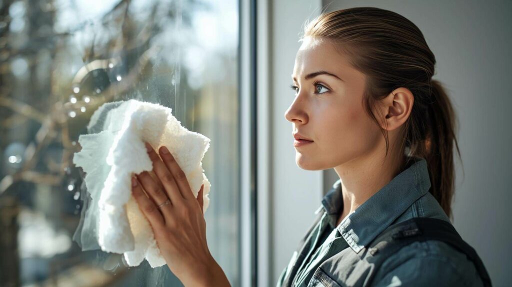 Cleaner inspecting newly washed windows under natural light Post-Construction Window Cleaning in Phoenix