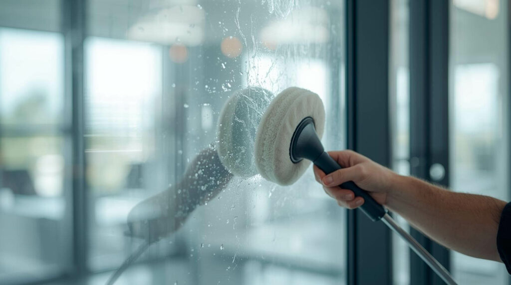 Technician polishing indoor window to remove etching and hard-water haze.