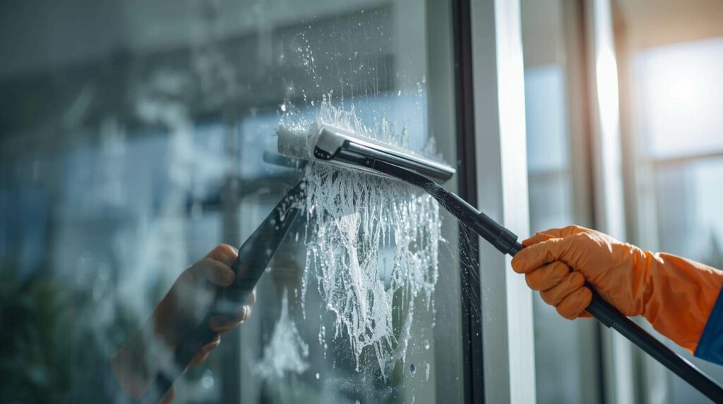 Hard-water and mineral stain removal from Post construction windows in Phoenix.