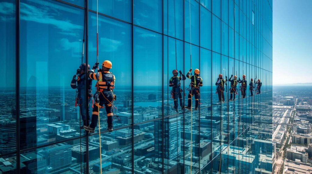 High-rise window cleaners on ropes cleaning skyscraper glass in downtown Phoenix.