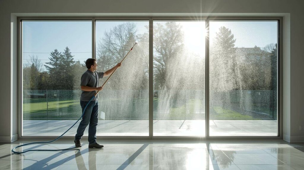 Technician washing interior and exterior windows after renovation in Phoenix.
