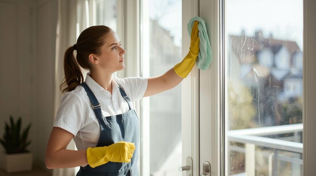 Interior glass cleaning for windows, doors, and partitions.