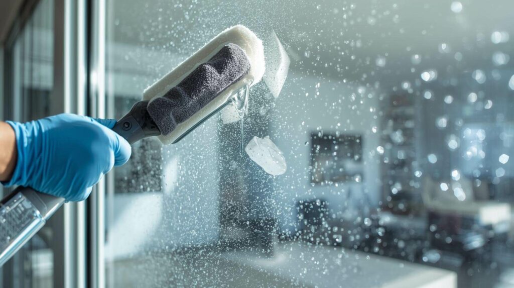 Professional applying hydrophobic sealant to window glass to improve water repellency.