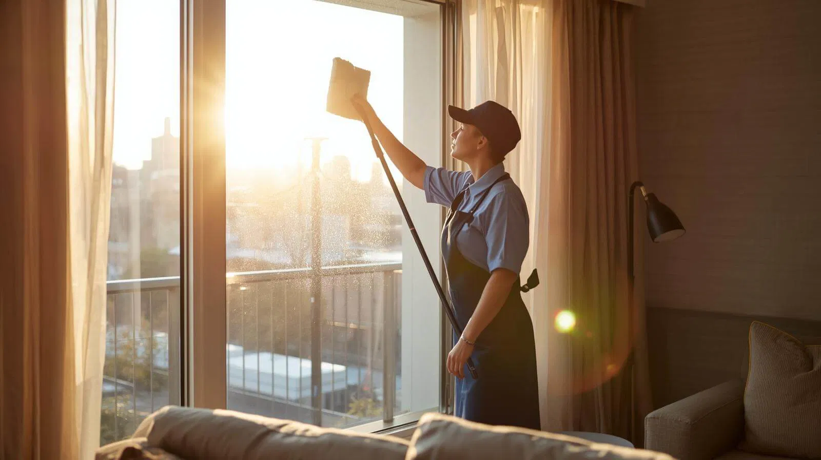 Professional cleaner wiping a living room window in New York