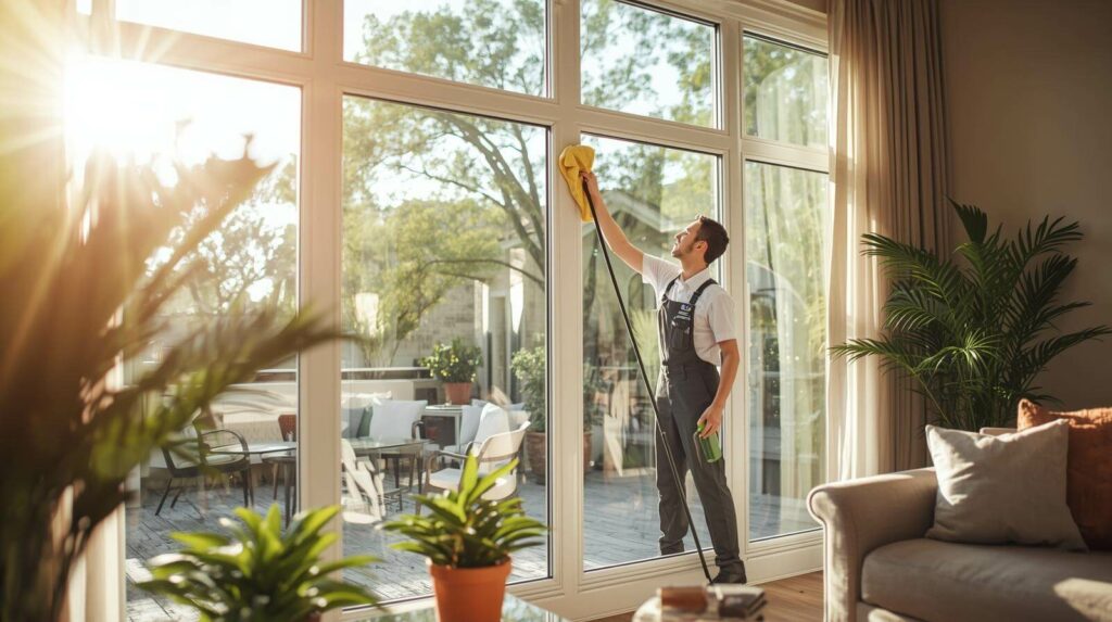 Residential window cleaner wiping large living room window in Phoenix home