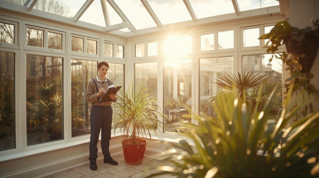 Technician performing routine glass inspection as part of scheduled maintenance service.