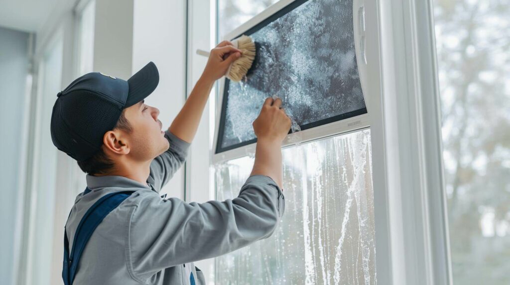 Window screen cleaning and reinstallation service.