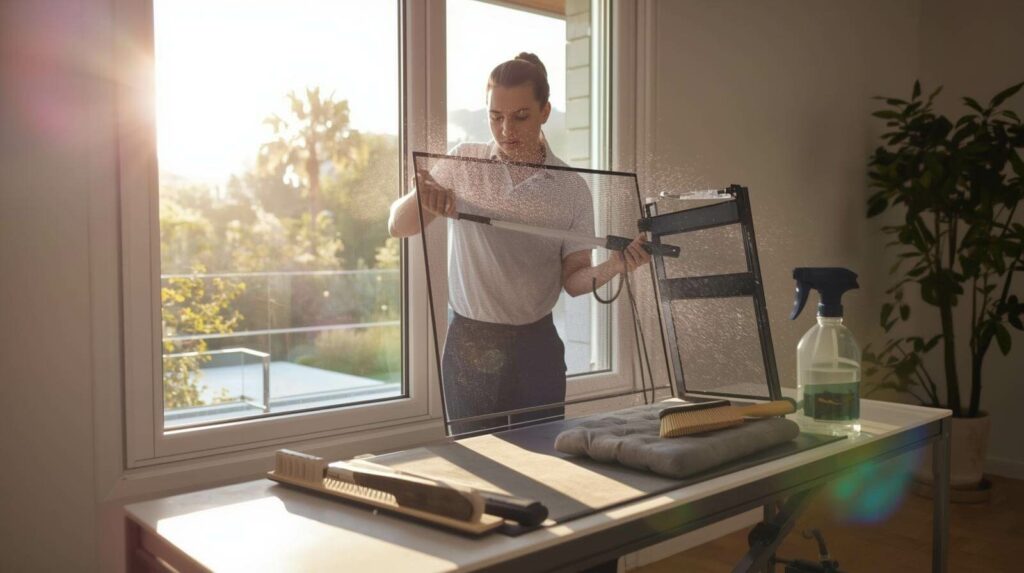 Technician removing window screen during deep cleaning in Phoenix home