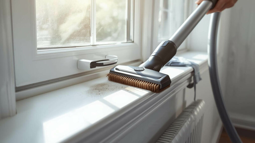 “Technician cleaning window tracks and sills using precision tools to remove packed dirt.”