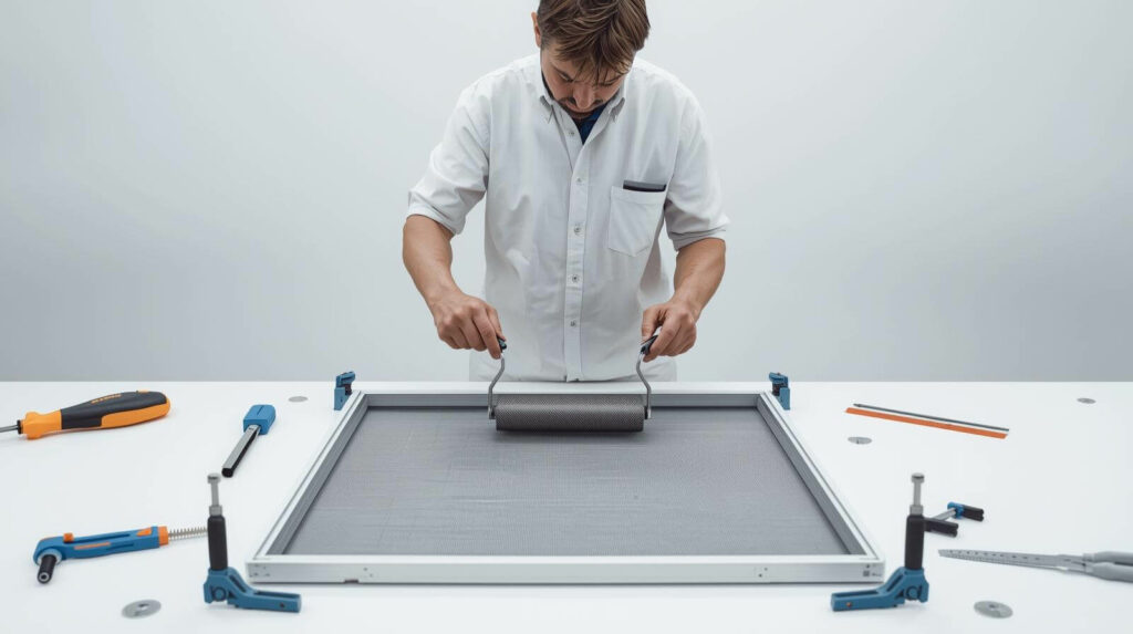 “Technician repairing a damaged window screen using a spline roller and replacement mesh.”