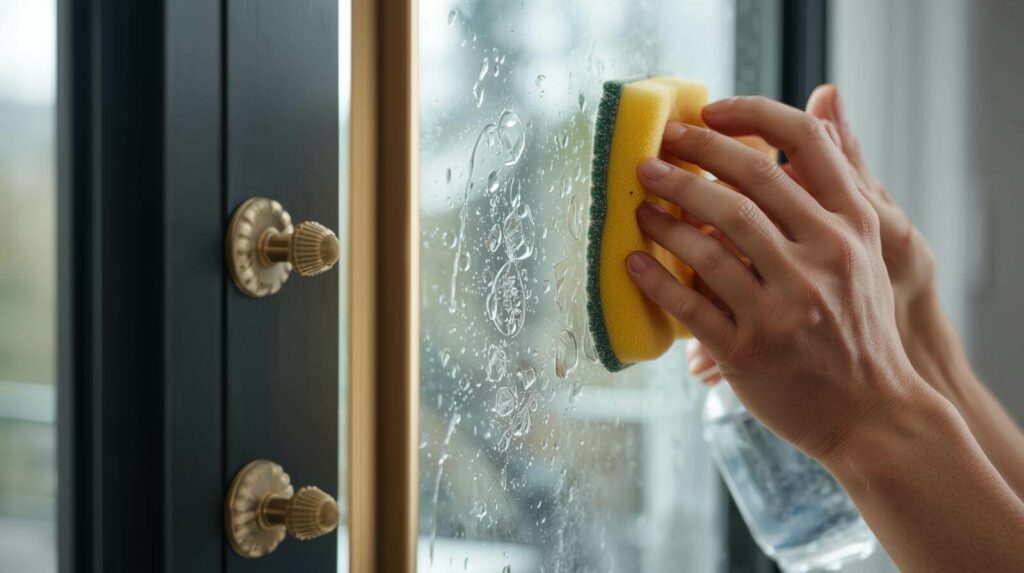 Spot cleaning mineral buildup on a glass door and surrounding fixtures.