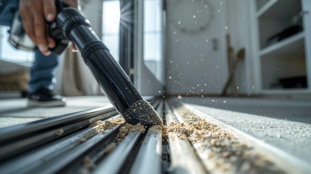 “Technician vacuuming dust and debris from a window track using a narrow nozzle attachment.”