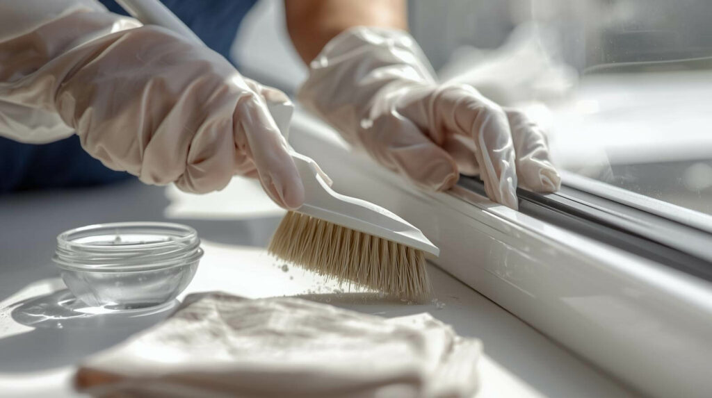 Hand scrubbing window sill with brush for deep cleaning