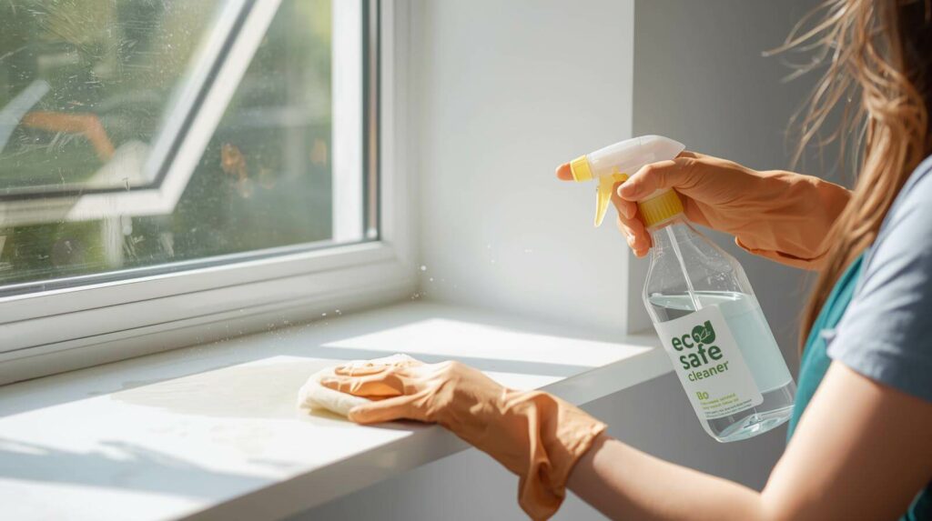 “Technician treating mildew on a window sill with an eco-friendly cleaning solution.”