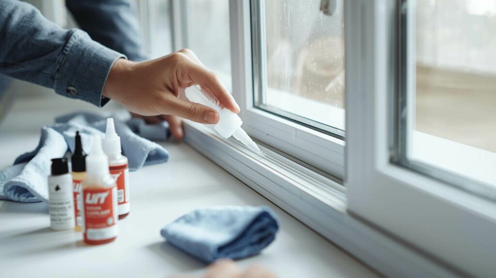 “Technician applying silicone-safe lubricant to a window track and testing smooth sliding.”