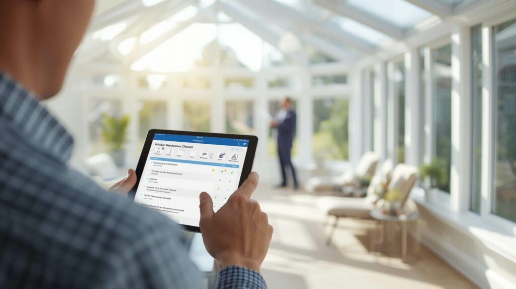 Homeowner reviewing window cleaning maintenance plan on tablet